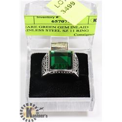 SQUARE GREEN GEM INLAID STAINLESS STEEL SZ 11 RING