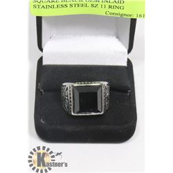 SQUARE BLACK GEM INLAID STAINLESS STEEL SZ 11 RING