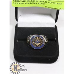 CHROME, BLUE & GOLD TONED SZ 12 FREE MASONS RING