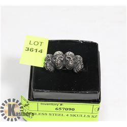 STAINLESS STEEL 4 SKULLS SZ 10 RING