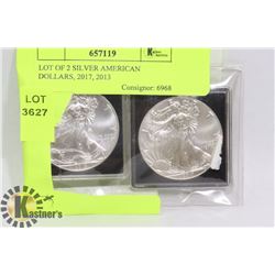 LOT OF 2 SILVER AMERICAN DOLLARS, 2017, 2013