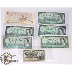 1900-1986 LOT OF 7 CANADA 25 CENTS, $1 & $2  BANK