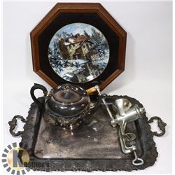 LOT OF VINTAGE SILVER TEA KETTLE AND SERVING TRAY,