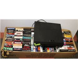 VCR WITH BOX OF OVER 75 VCR TAPES.