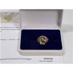 10K GOLD DIAMOND AND RUBY HORSE HEAD RING WITH