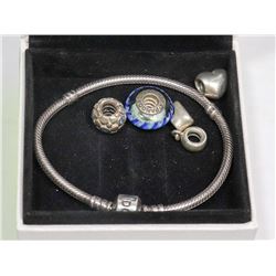 PANDORA 925 SILVER BRACELET W/ 4 PANDORA CHARMS