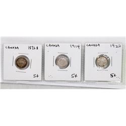 CANADIAN FIVE CENTS - 1872H,  1914,  1920