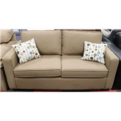 TAN FABRIC 70" SOFA WITH 2 ACCENT CUSHIONS