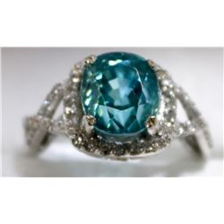 50) 14K WHITE GOLD HALO BLUE ZIRCON & DIAMOND RING