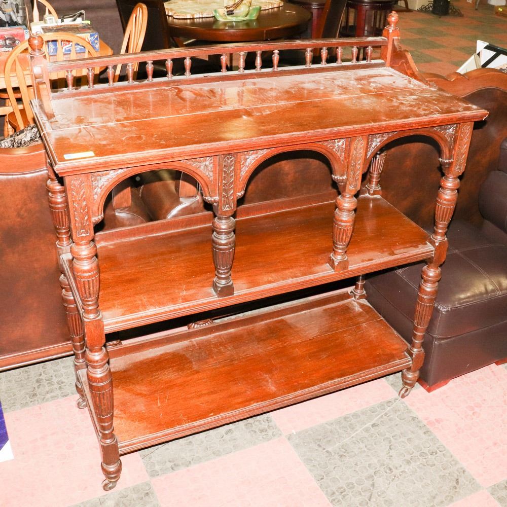 VINTAGE SOLID WOOD CARVED SHELVING UNIT,