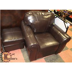 BROWN LEATHERETTE CHAIR WITH OTTOMAN. FURNITURE
