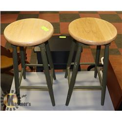 2 WOODEN STOOLS 25" HIGH GREEN FINISH ON LEGS