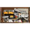 Image 1 : BOX OF ASSORTED TOOLS INCL PIPE CUTTER, TAPES &