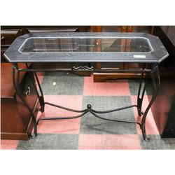 METAL AND BLACK WOOD SOFA TABLE WITH GLASS INSERT