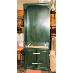 GREEN WOOD SHELF WITH DOORS, 32"X12"X84".