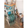 Image 1 : HOSE CADDY WITH HOSE AND ASSORTED YARD TOOLS