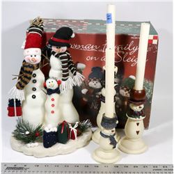 SNOWMAN FAMILY ORNAMENT WITH 3 PC CANDLE HOLDER