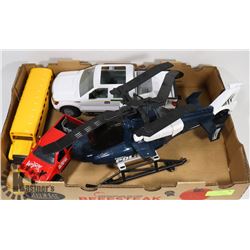 FLAT OF TOYS-HELICOPTER, SCHOOL BUS AND 2 TRUCKS