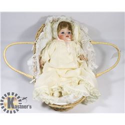 BEBE 1988 PORCELAIN & FABRIC DOLL WIN WICKER CRIB