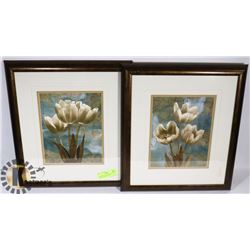 2 BRONZE COLOR FRAMED FLORAL PICTURES WITH WHITE