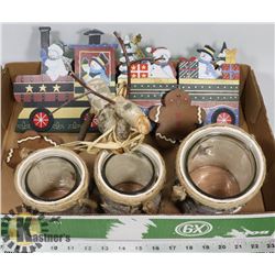 3 NEW BARK AND GLASS CANDLE HOLDERS WITH ROPE