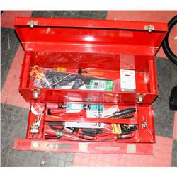 RED METAL TOOL BOX WITH CONTENTS