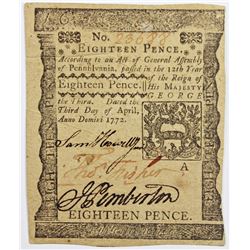 1772 PENNSYLVANIA 18 PENCE NOTE