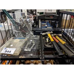 SHELF OF ASSORTED TOOLS INCLUDING HAMMERS, WRENCHES, SOLDERING GUN, CLAMPS AND MORE