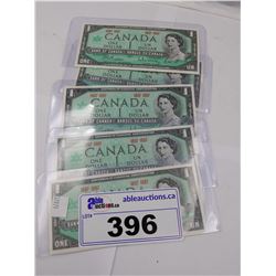 5 UNCIRCULATED 1867-1967 CANADIAN ONE DOLLAR BILLS