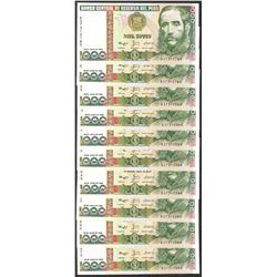 Lot of (10) 1988 Peru Mil Intis Uncirculated Bank Notes