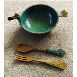 Large Mid Century Modern Ceramic Set, Bitossi Duck Serving Bowl & Utensils