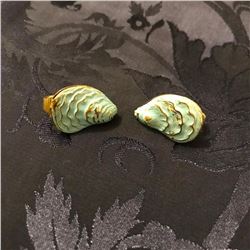 Vintage Enamel Brass Oyster Shell Clip On Earrings