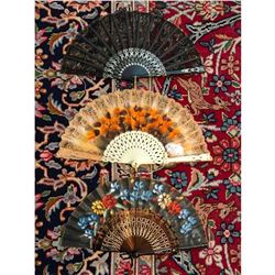 Set of Vintage Hand-painted Silk & Lace Decorative Hand Fans