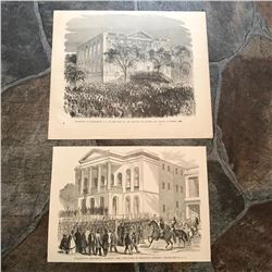 Pair of 19thc Engravings, Charleston SC, Meeting Street Theater & Lincoln Hamlin Election Reception