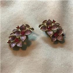 Vintage Sarah Coventry Pink Enamel & Crystal Floral Clip On Earrings
