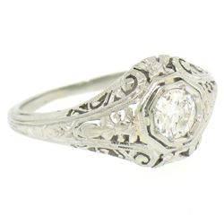 18k White Gold Filigree 0.41 ctw European Cut Diamond Ring