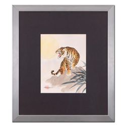 Caroline Young, "Tiger" Framed Original Gouache Painting on Mother of Pearl Paper, Hand Signed with 