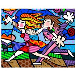 Romero Britto  New Love Blossoms  Hand Signed Giclee on Canvas; Authenticated