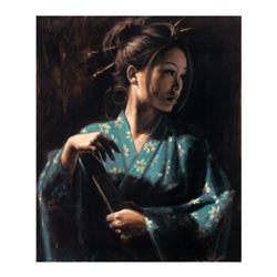 Fabian Perez, "Geisha En Turquesa" Hand Textured Limited Edition Giclee on Board. Hand Signed and Nu