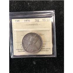 1934 CANADA 50 CENTS.ICCS GRADED VG-10.NICE KEY DATE.