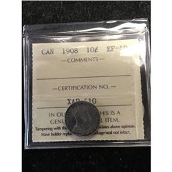 1908 CANADA 10 CENTS.ICCS GRADED EF-40