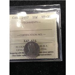 1907 CANADA 10 CENTS.ICCS GRADED VF-30.