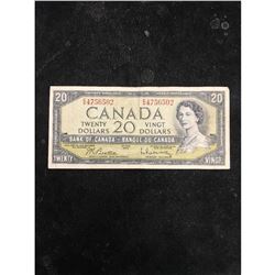 1954 BANK OF CANADA $20 NOTE.MODIFIED PORTRAIT