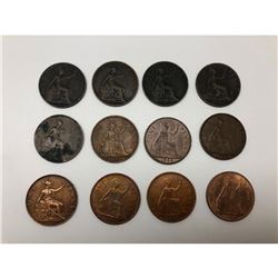 Lot Of 12 1880-1967 United Kingdom One Penny Coins