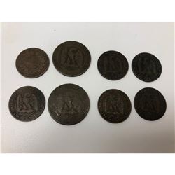 Lot Of 8 French Napolean III 5 Cent Coins