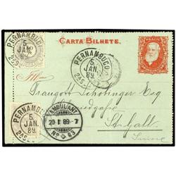 93,96 1889 PERNAMBUCO a SUIZA. Entero postal de 50 reis rojo con franqueo complementario de 50 reis 