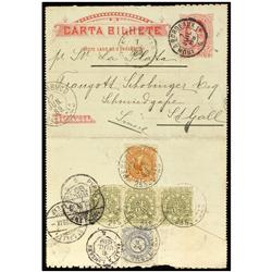 86,87(3),93 1889 PERNAMBUCO a SUIZA. Entero Postal de 80 reis rosa con espectacular franqueo al dors