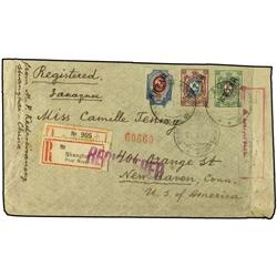 1916 Registered envelope to USA franked overprinted 15k, 20k & 25k tied by SHANGHAI POST RUSSE date 
