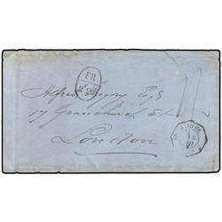 1869 BARRANQUILLA a LONDRES. Encaminada hasta Sta. Marta, al dorso marca ovalada ENCAMINADA/POR/MANU