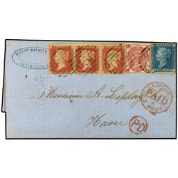1869 CARTAGENA a FRANCIA. Circulada por el correo Britanico con sellos de 2 p. azul, 3 p. rosa y 1 p